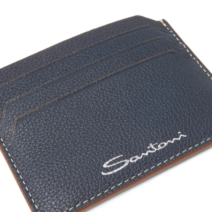 Santoni Blue Tumbled Leather Credit Card Holder Men Small Leather Goods
