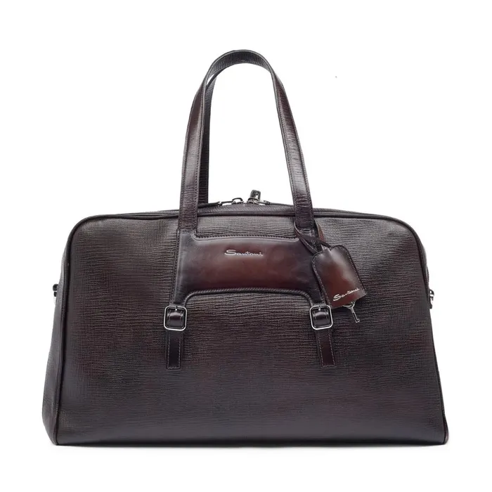Santoni Brown Embossed Leather Weekend Bag Men Bags and Backpacks