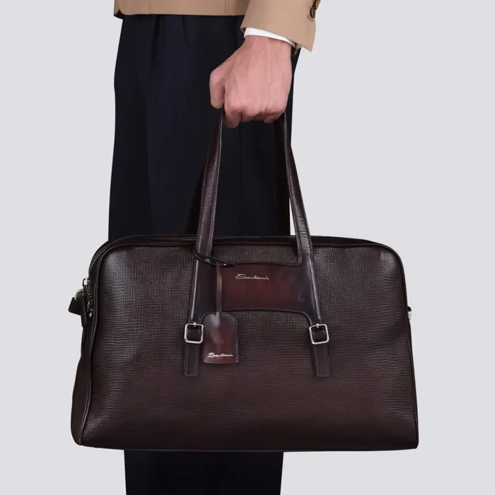 Santoni Brown Embossed Leather Weekend Bag Men Bags and Backpacks