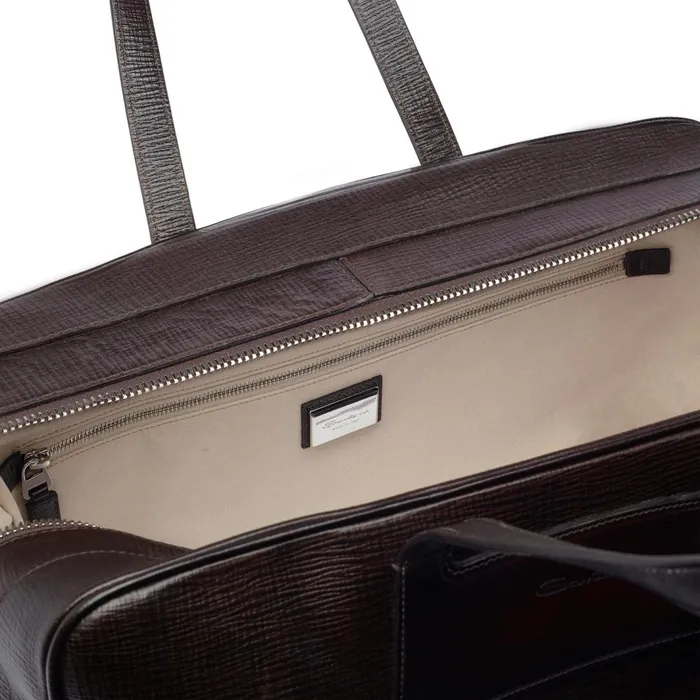 Santoni Brown Embossed Leather Weekend Bag Men Bags and Backpacks