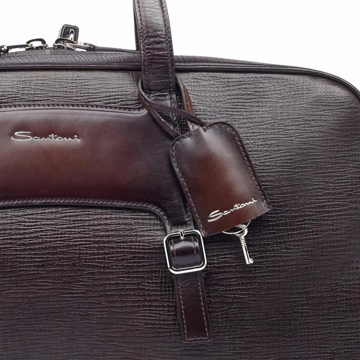 Santoni Brown Embossed Leather Weekend Bag Men Bags and Backpacks
