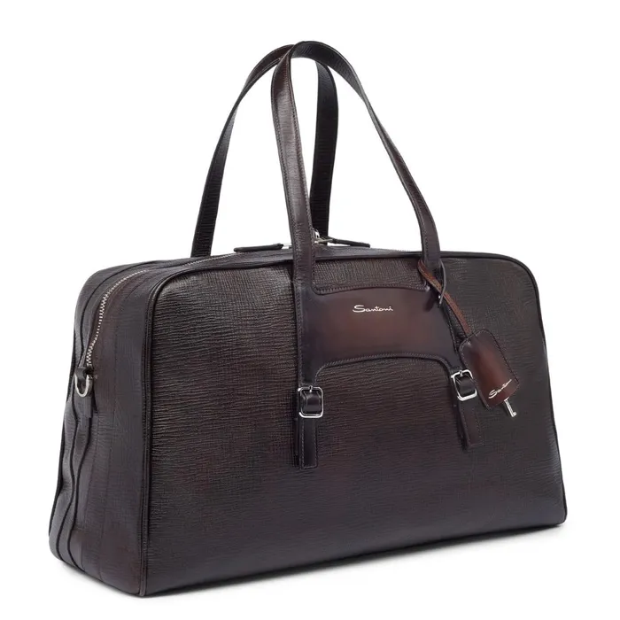 Santoni Brown Embossed Leather Weekend Bag Men Bags and Backpacks