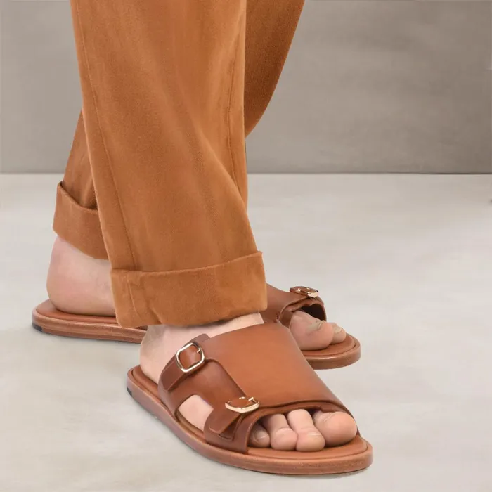 Santoni Brown Leather DoubleBuckle Sandal Men Sandals