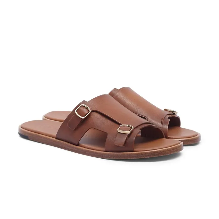 Santoni Brown Leather DoubleBuckle Sandal Men Sandals