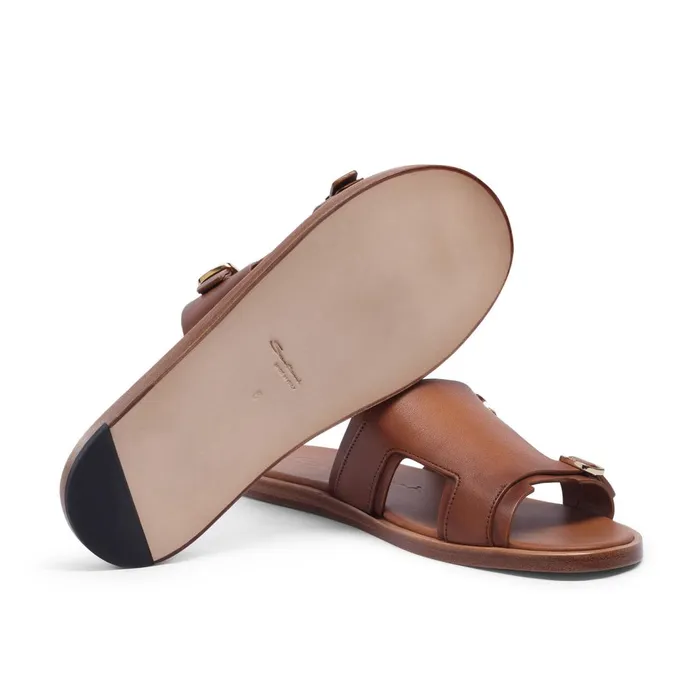 Santoni Brown Leather DoubleBuckle Sandal Men Sandals