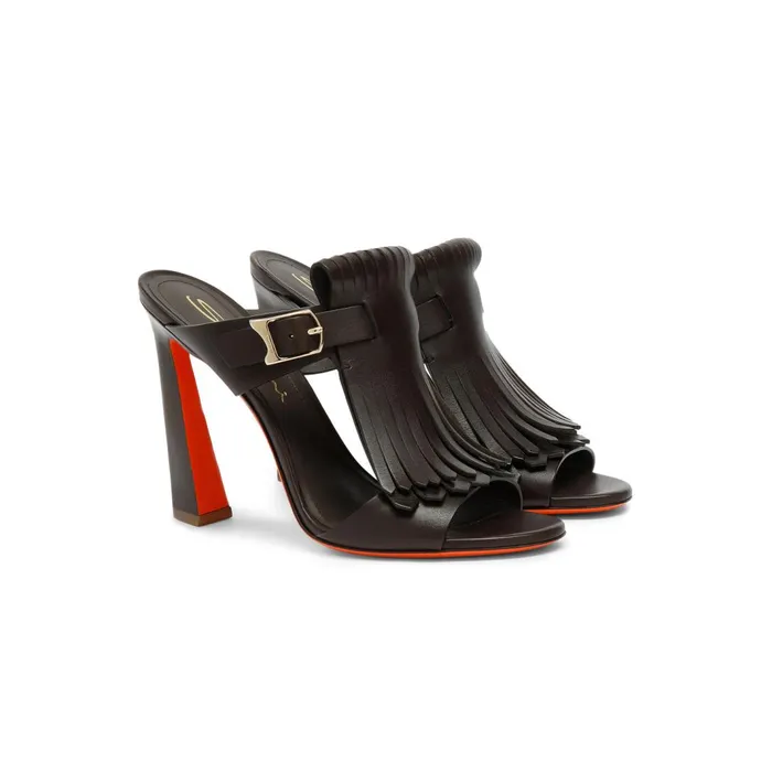Santoni Brown Leather HighHeel Dua Slide Sandal With Fringe Women Sandals