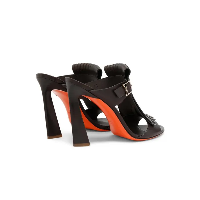 Santoni Brown Leather HighHeel Dua Slide Sandal With Fringe Women Sandals