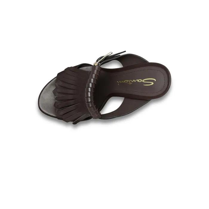 Santoni Brown Leather HighHeel Dua Slide Sandal With Fringe Women Sandals
