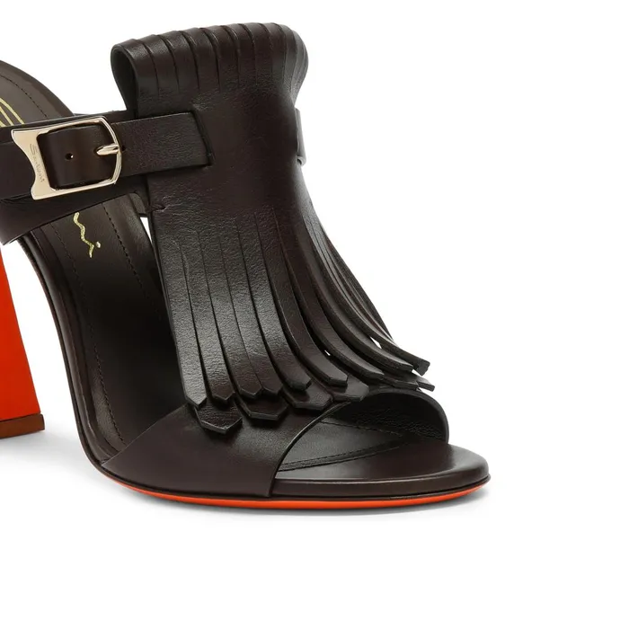Santoni Brown Leather HighHeel Dua Slide Sandal With Fringe Women Sandals
