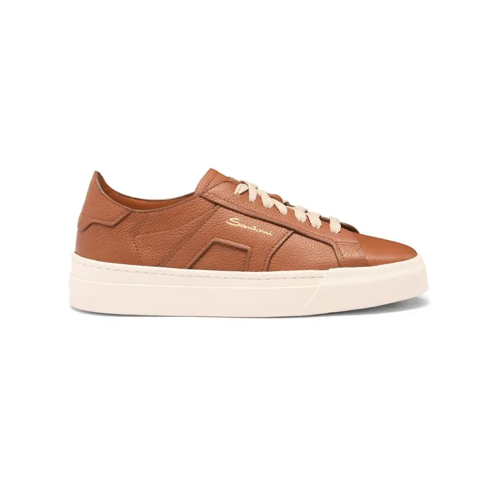 Santoni Brown Tumbled Leather Double Buckle Sneaker Women Sneakers