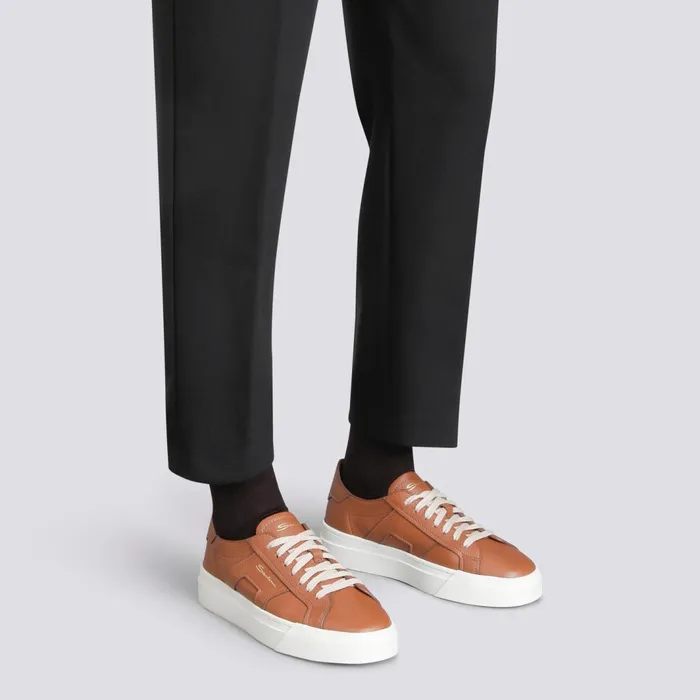Santoni Brown Tumbled Leather Double Buckle Sneaker Women Sneakers