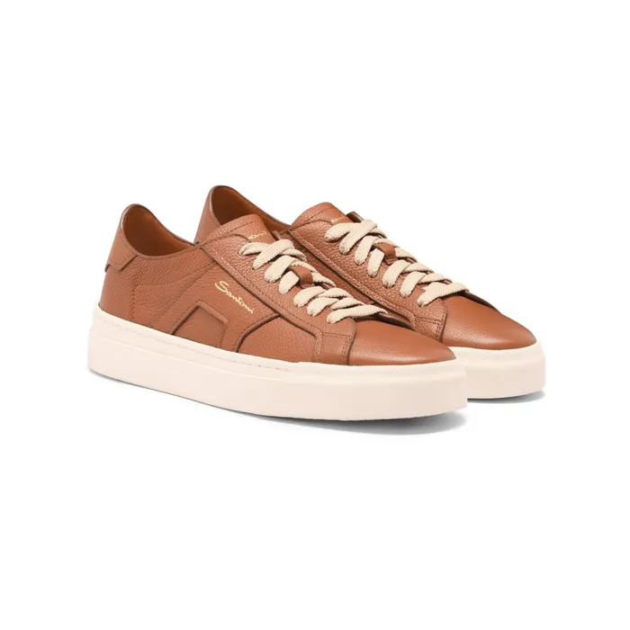 Santoni Brown Tumbled Leather Double Buckle Sneaker Women Sneakers