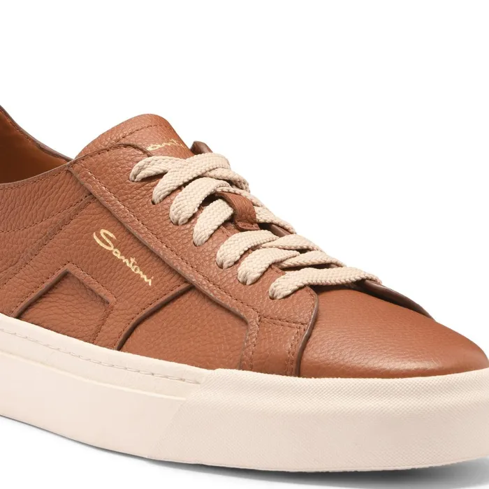 Santoni Brown Tumbled Leather Double Buckle Sneaker Women Sneakers