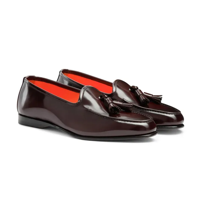 Santoni Burgundy Shiny Leather Andrea Tassel Loafer Men Loafers