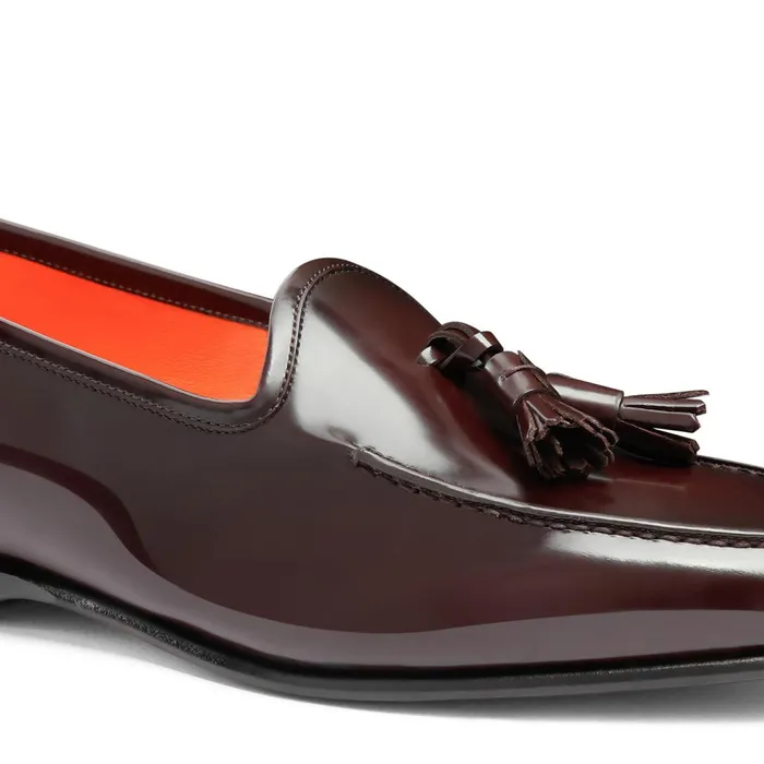 Santoni Burgundy Shiny Leather Andrea Tassel Loafer Men Loafers