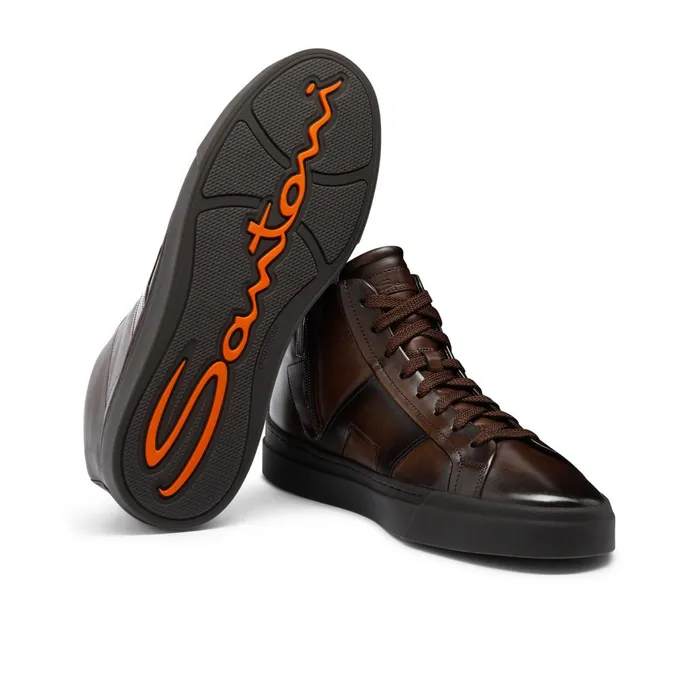 Santoni Dark Brown Leather Double Buckle Sneaker Men Sneakers