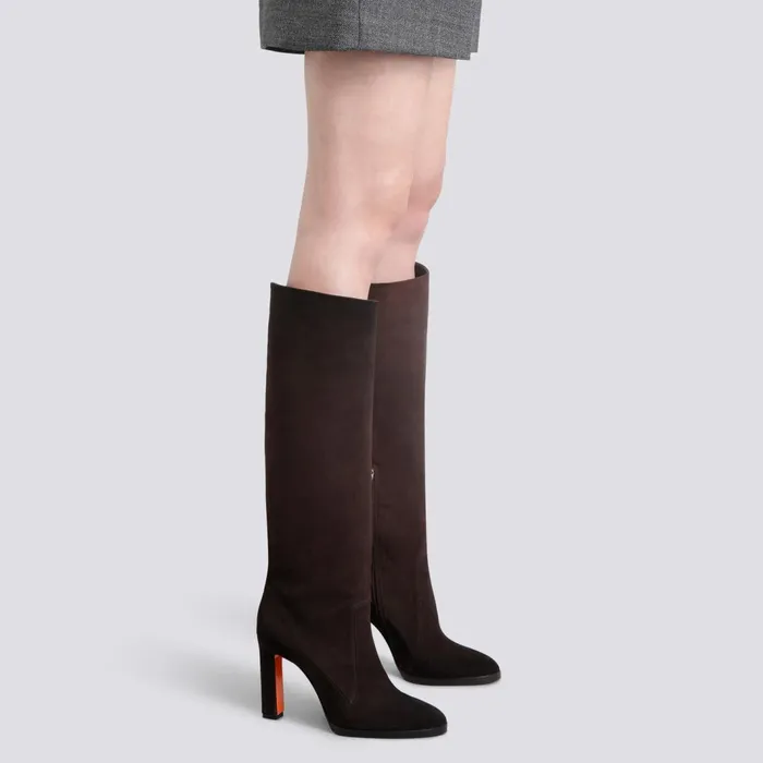 Santoni Dark Brown Suede HighHeel Boot Women Boots and Ankle Boots