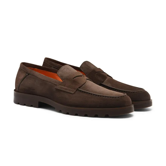 Santoni Dark Brown Suede Penny Loafer Men Loafers