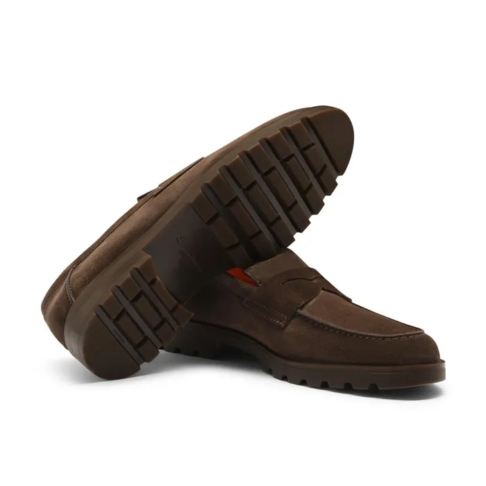 Santoni Dark Brown Suede Penny Loafer Men Loafers