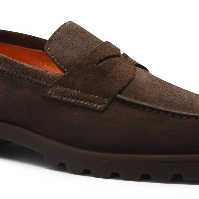 Santoni Dark Brown Suede Penny Loafer Men Loafers