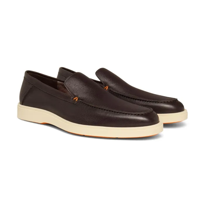 Santoni Dark Brown Tumbled Leather Loafer Men Loafers