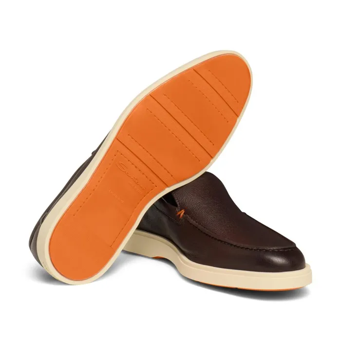 Santoni Dark Brown Tumbled Leather Loafer Men Loafers