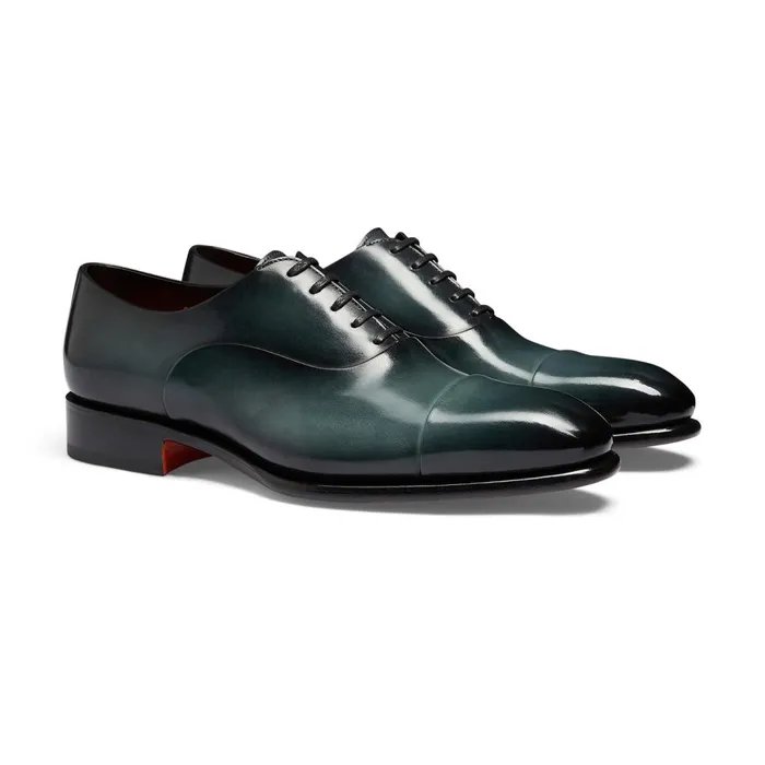 Santoni Green Leather Oxford Shoe Men LaceUps