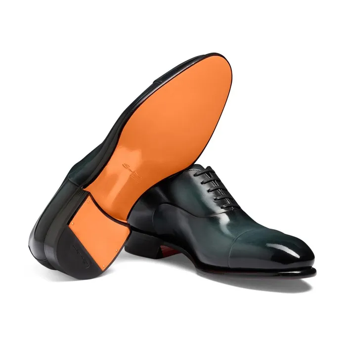 Santoni Green Leather Oxford Shoe Men LaceUps