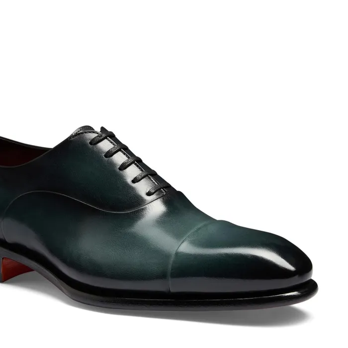 Santoni Green Leather Oxford Shoe Men LaceUps