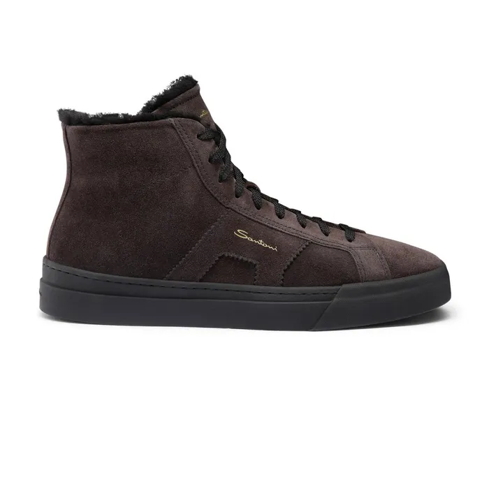 Santoni Grey Suede High Top Double Buckle Sneaker With Fur Men Sneakers