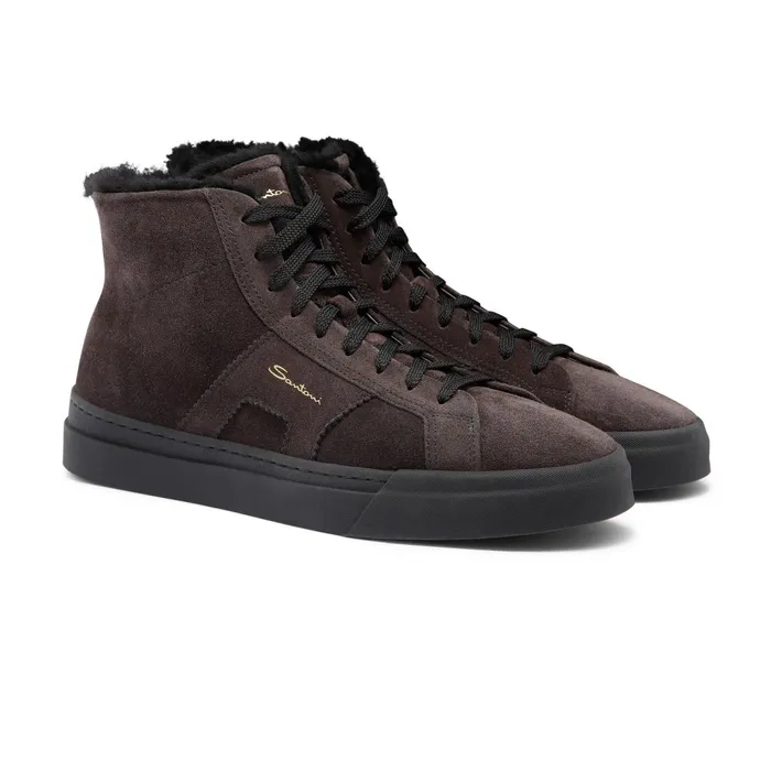 Santoni Grey Suede High Top Double Buckle Sneaker With Fur Men Sneakers