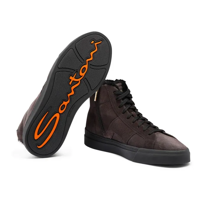 Santoni Grey Suede High Top Double Buckle Sneaker With Fur Men Sneakers