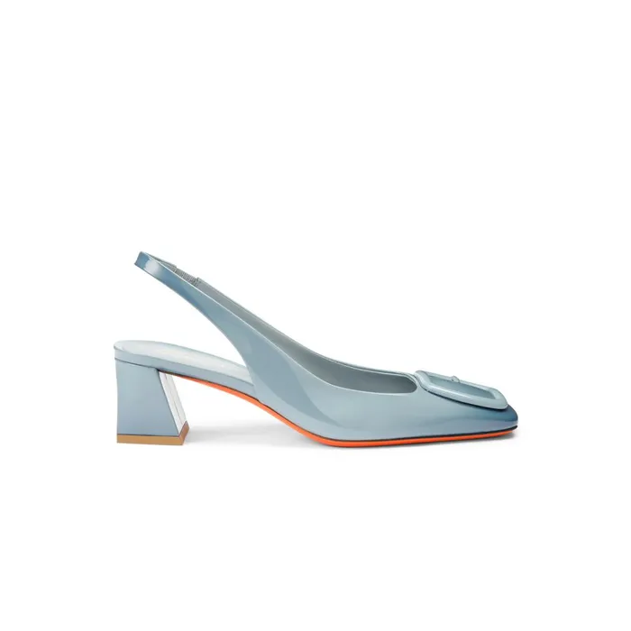 Santoni Light Blue Patent Leather MidHeel Slingback Women Pumps and Heels