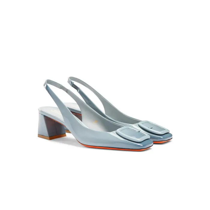 Santoni Light Blue Patent Leather MidHeel Slingback Women Pumps and Heels