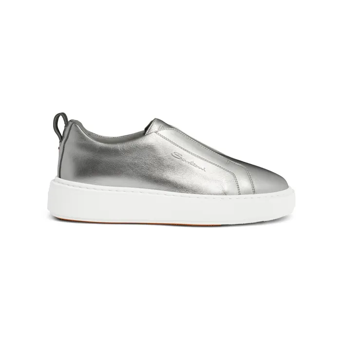 Santoni Silver Laminated Leather SlipOn Sneaker Women Sneakers