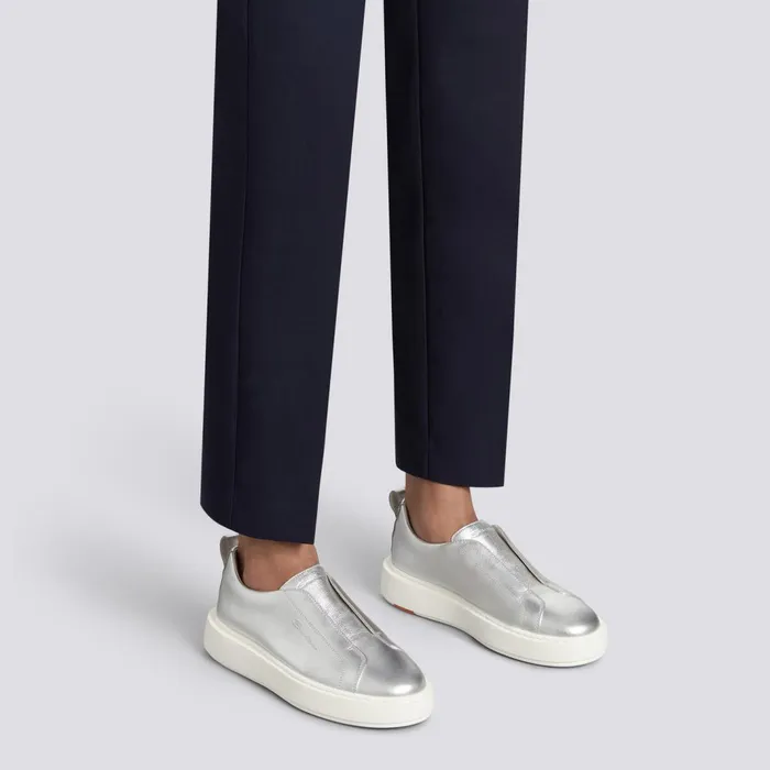 Santoni Silver Laminated Leather SlipOn Sneaker Women Sneakers