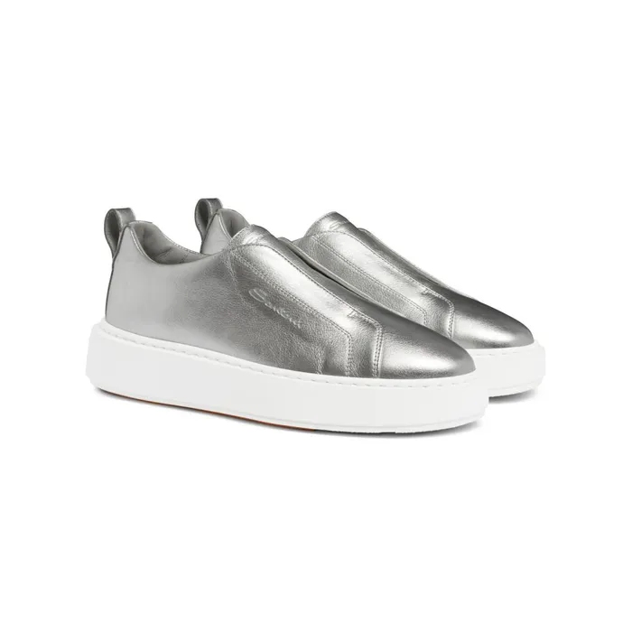 Santoni Silver Laminated Leather SlipOn Sneaker Women Sneakers