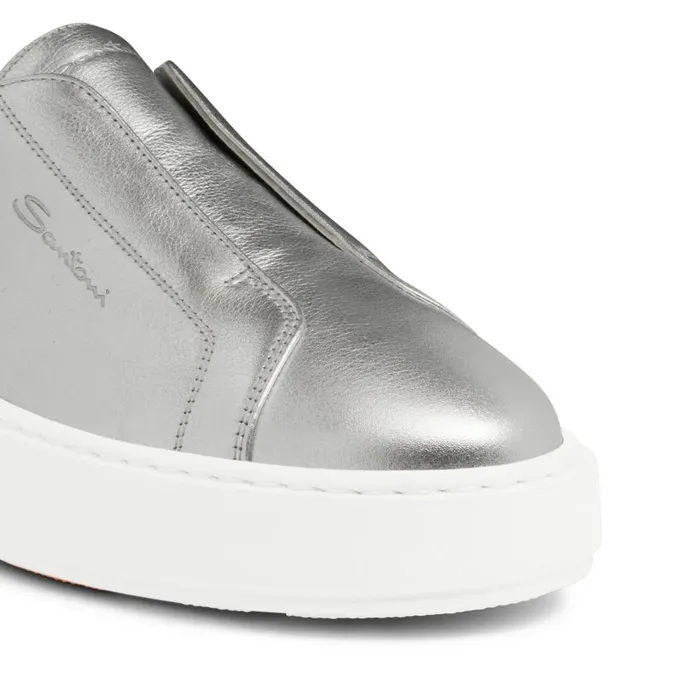 Santoni Silver Laminated Leather SlipOn Sneaker Women Sneakers
