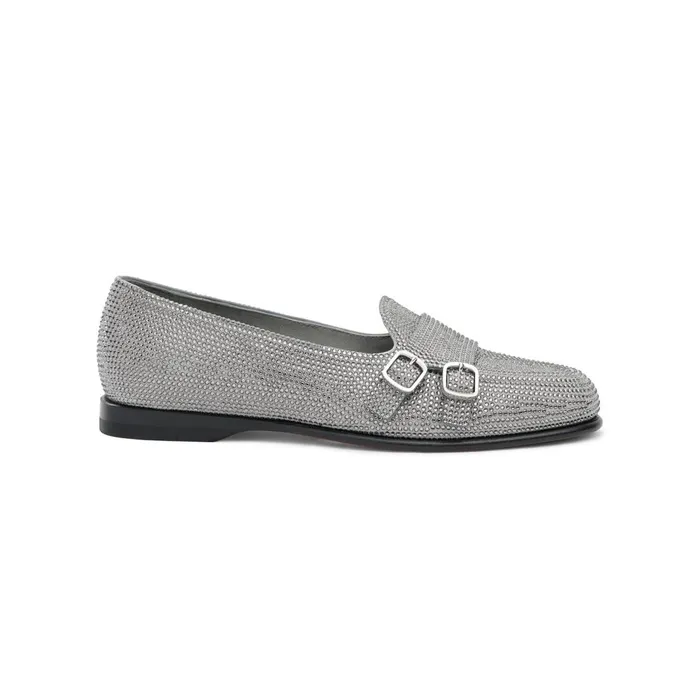 Santoni Silver Strass Andrea DoubleBuckle Loafer Women Loafers