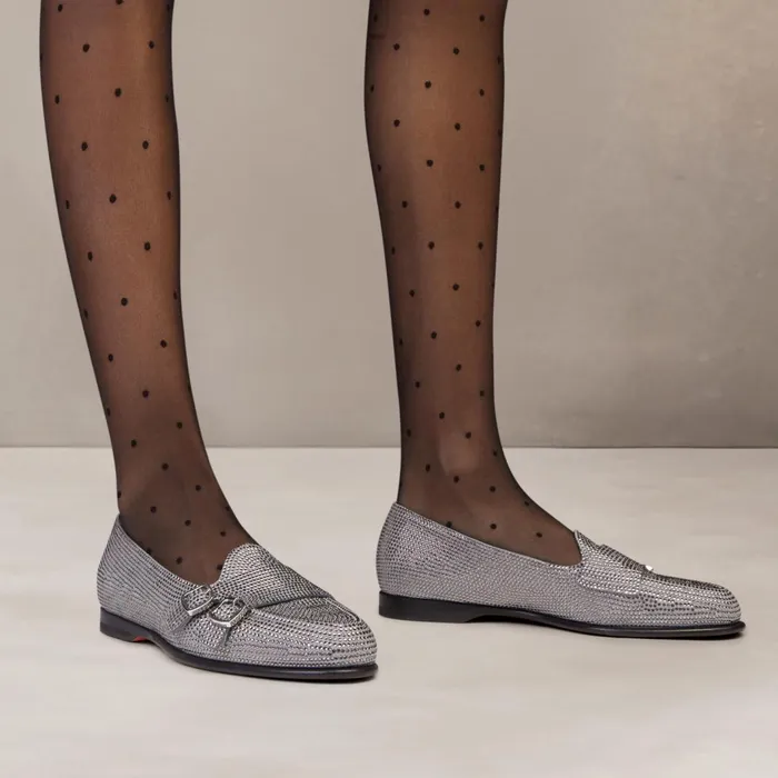 Santoni Silver Strass Andrea DoubleBuckle Loafer Women Loafers