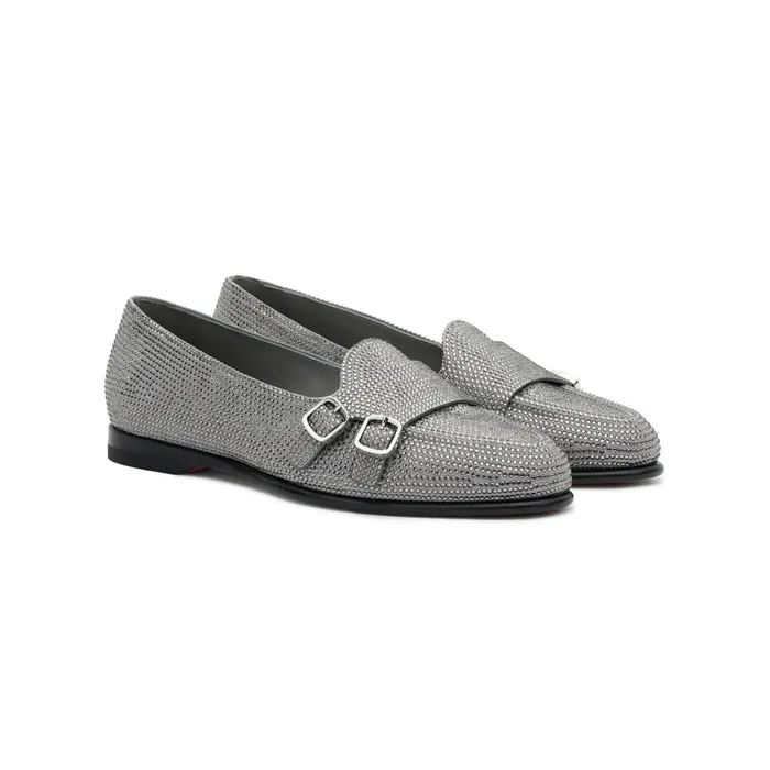 Santoni Silver Strass Andrea DoubleBuckle Loafer Women Loafers