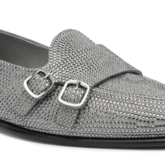 Santoni Silver Strass Andrea DoubleBuckle Loafer Women Loafers