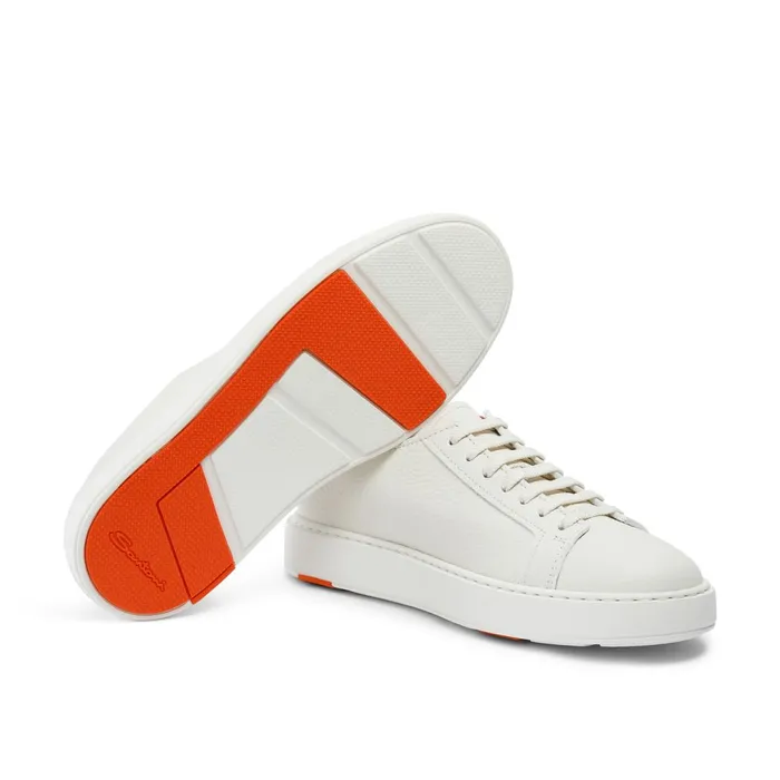 Santoni White Tumbled Leather Sneaker Men Sneakers