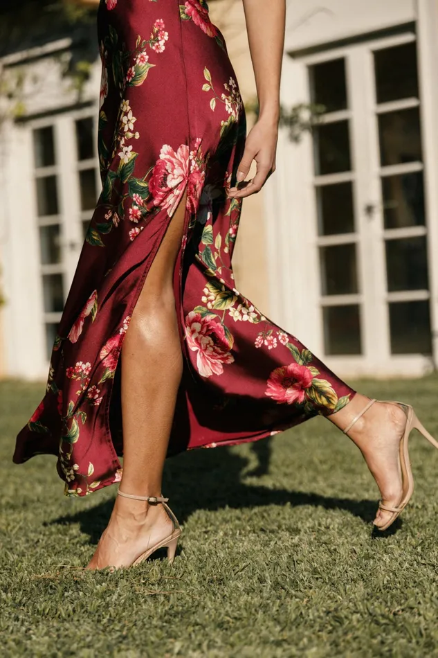 Satin Dresses Petal and Pup Women Bryden Maxi Strapless Dress Burgundy Floral