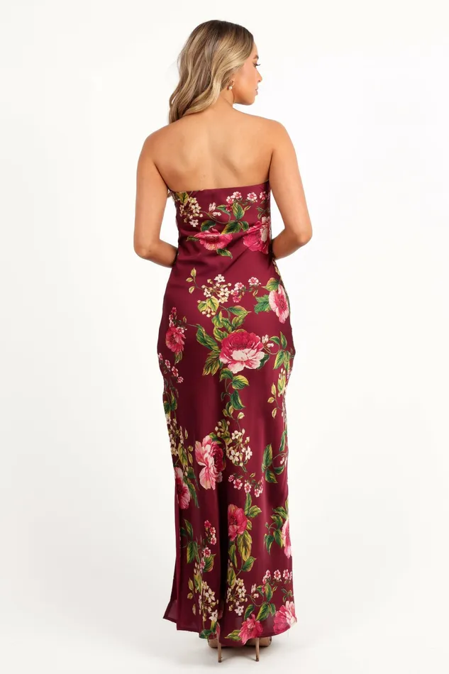 Satin Dresses Petal and Pup Women Bryden Maxi Strapless Dress Burgundy Floral