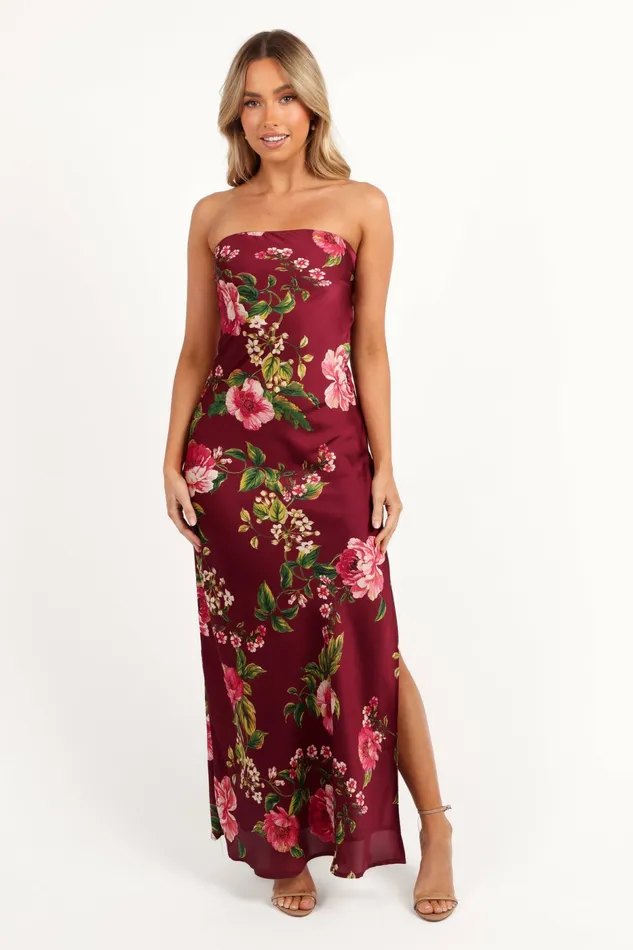 Satin Dresses Petal and Pup Women Bryden Maxi Strapless Dress Burgundy Floral