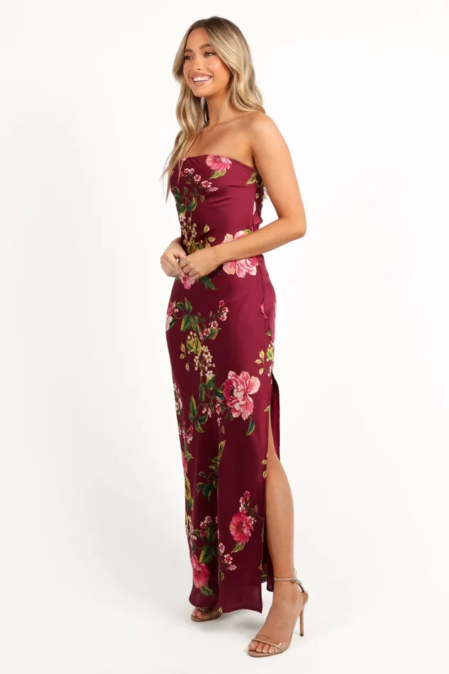Satin Dresses Petal and Pup Women Bryden Maxi Strapless Dress Burgundy Floral