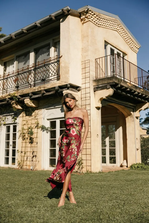 Satin Dresses Petal and Pup Women Bryden Maxi Strapless Dress Burgundy Floral