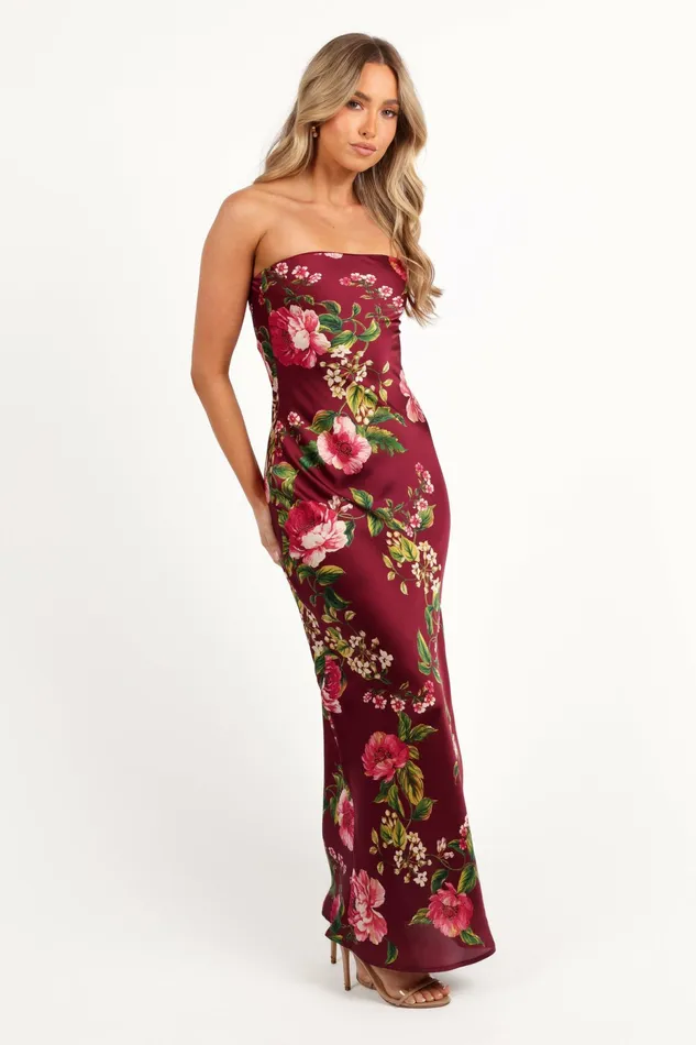 Satin Dresses Petal and Pup Women Bryden Maxi Strapless Dress Burgundy Floral