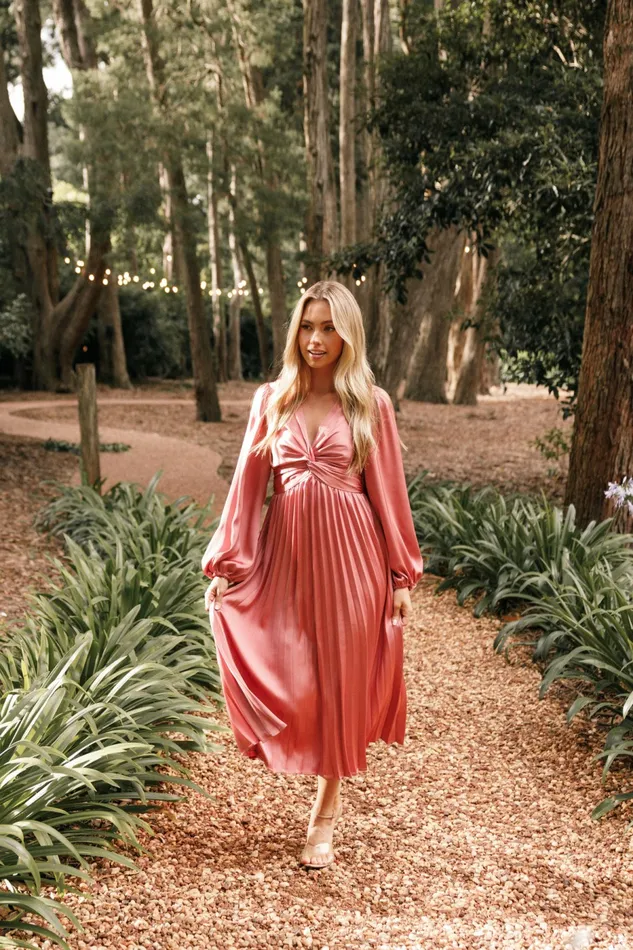 Satin Dresses Petal and Pup Women Noelle Twist Front Pleated Midi Dress Blush